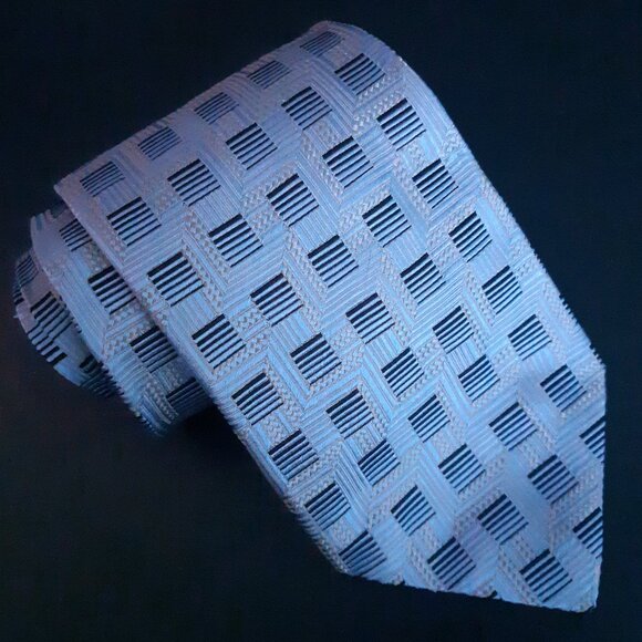 Sazzari Pastel Blue w/ Navy Line Squares Repeating Pattern 100% Silk Tie - Picture 1 of 11